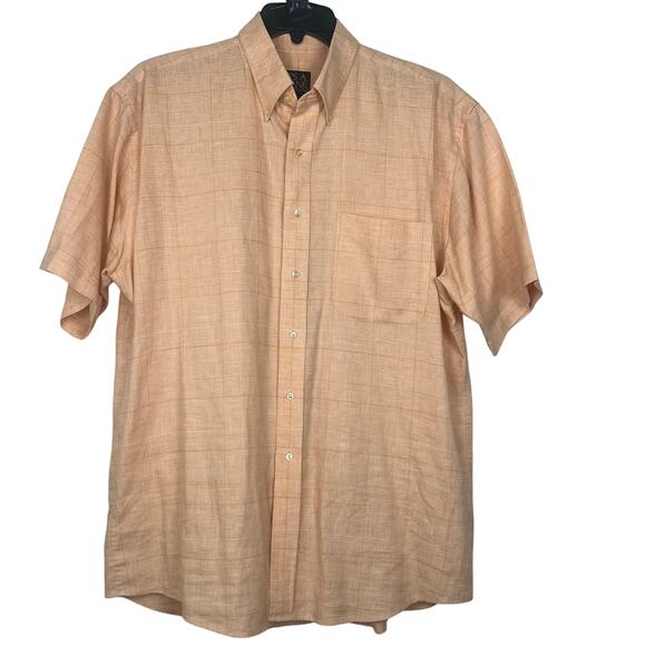 Jos. A Bank linen shirt men’s large orange subtle plaid button-down short sleeve - Picture 1 of 3